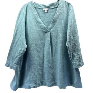 PureJill J Jill Womens Top Sz XL Solid Blue 3/4 Sleeves Boxy V Neck French Terry